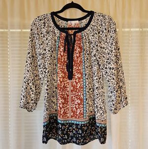 DR2 White, Rust & Navy Mixed-Print Peasant Tunic